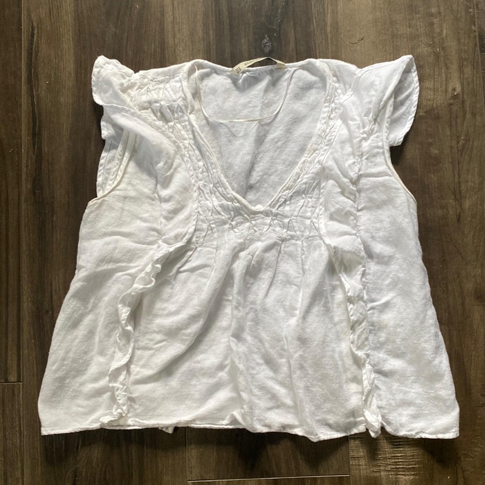 Zara linen and cotton blend top with ruffle cap sleeve detail